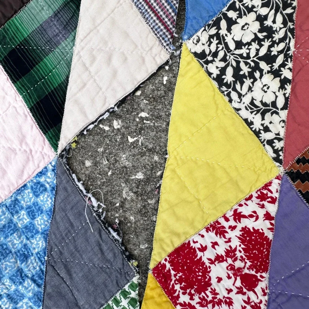 VTG Handmade Scrap Quilt Triangle Patchwork Primitive Cutter 77x82 Multi READ